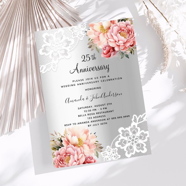 Silberrosa Flora 25. Hochzeitstag Einladung (Von Creator hochgeladen)