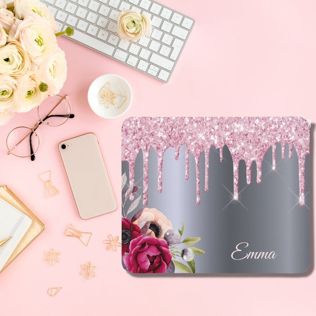 Silberrosa Glitzer Tropfen Metallfloralen Mousepad (Von Creator hochgeladen)