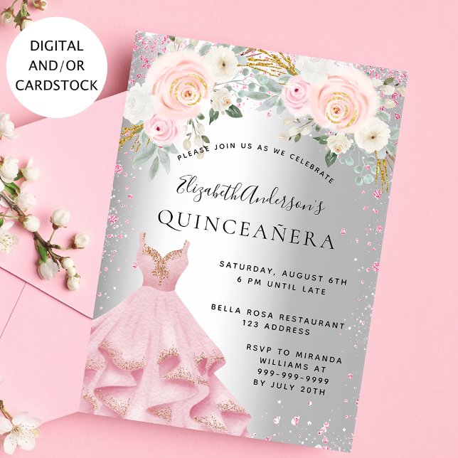 Silberrosa Glitzern aus Quinceanera kleiden glamou Einladung (Von Creator hochgeladen)