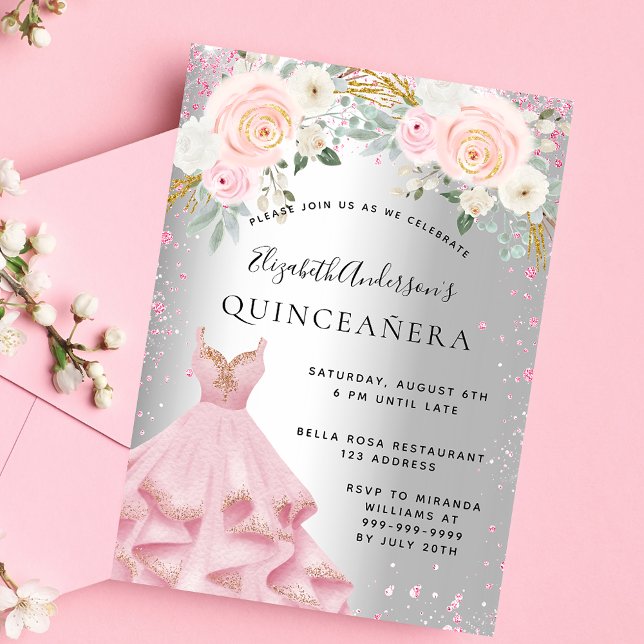 Silberrosa Glitzern aus Quinceanera kleiden Luxus Einladung (Von Creator hochgeladen)