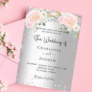 Silberrosa Hochzeitsfloralen Glitzer Luxus Einladung