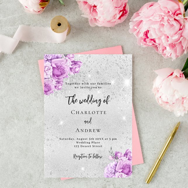 Silberrosa violette Blume Luxushochzeit Einladung (Von Creator hochgeladen)