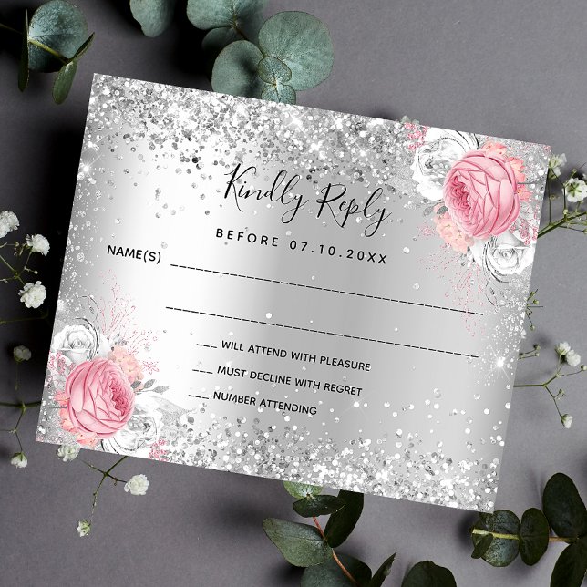 Silberrosa, weiße Flora Haushalt Hochzeit RSVP Flyer (Von Creator hochgeladen)