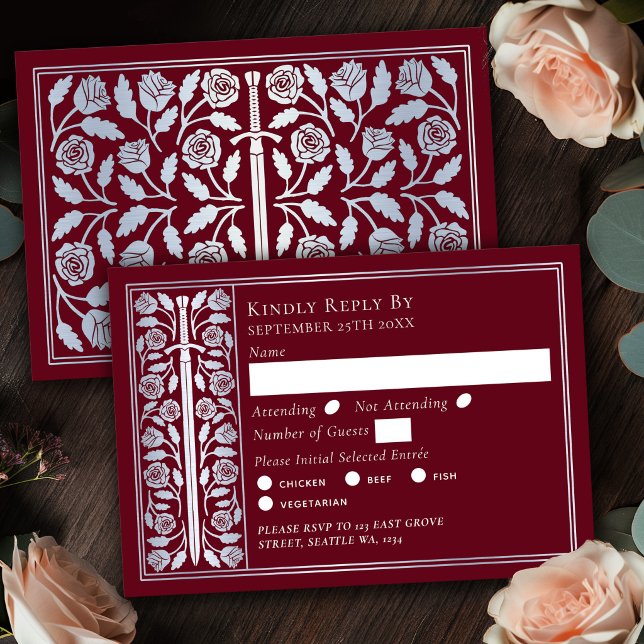 Silberrotes mittelalterliches Schwert Hochzeit RSV RSVP Karte (Von Creator hochgeladen)