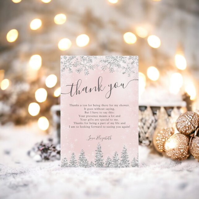 Silberrötlich pinkfarbener Schneekiefer Winterwint Dankeskarte (Silver blush pink snow pine winter bridal shower thank you card)