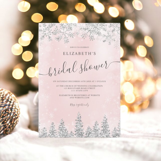 Silberrötlich pinkfarbener Schneekiefer Winterwint Einladung (Silver blush pink snow pine winter bridal shower invitation)
