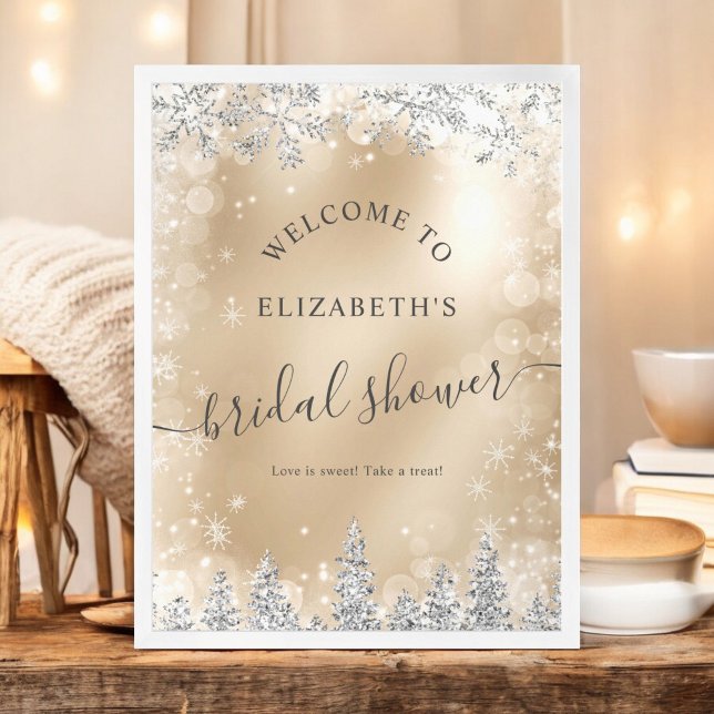 Silberschicke Goldschneekiefer Begrüßung Brautpart Poster (Silver chic gold snow pine welcome bridal shower poster)