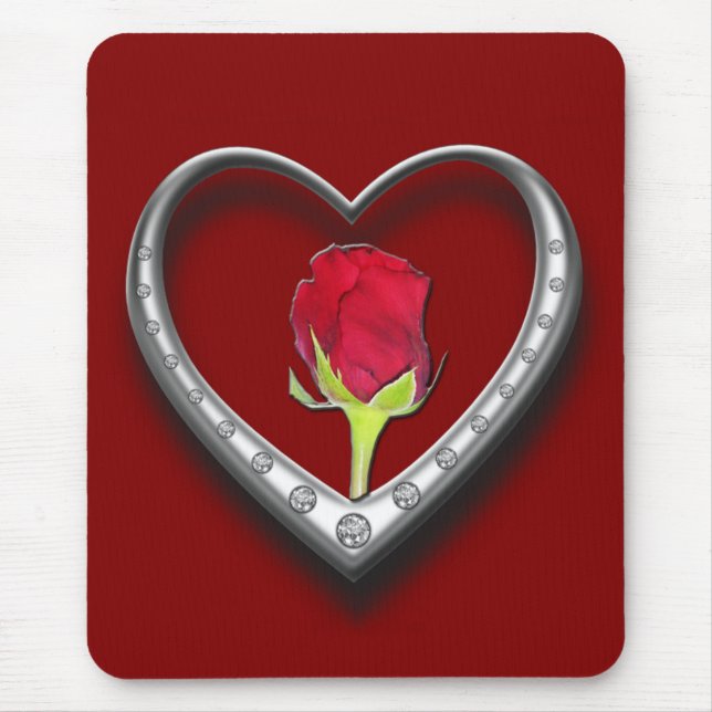 Silberschmuck Valentinherz mit Rote Rose Mousepad (Vorne)