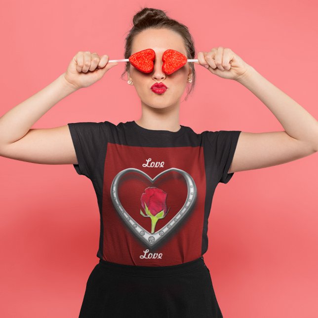 Silberschmuck Valentinherz mit Rote Rose T-Shirt (Silver Jewelry Valentine Heart with Red Rose Womens T-Shirt)