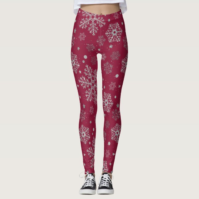 Silberschneeflocken in dunkelrot leggings (Vorderseite)