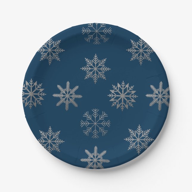Silberschneeflocken Muster blaue Papierplatte Pappteller (Vorderseite)
