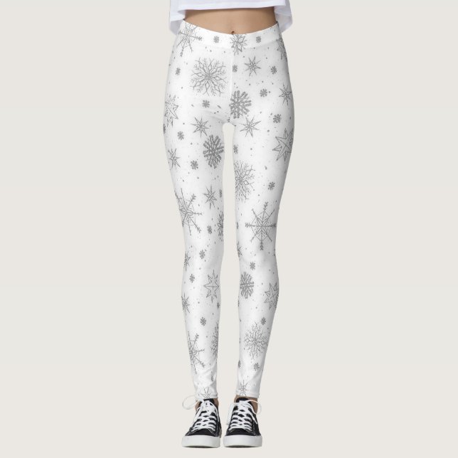 Silberschneeflocken Weißes Design Leggings (Vorderseite)