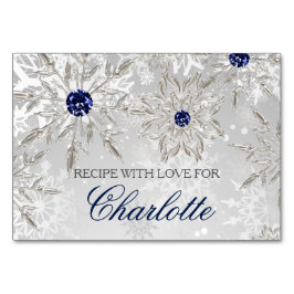 Silberschneeflocken Winterrezeptkarte für Brautpar Tischnummer