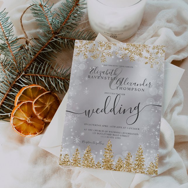 Silberschneekiefer Weihnachtsfeier Einladung (Gold silver snow pine Christmas winter wedding Invitation)