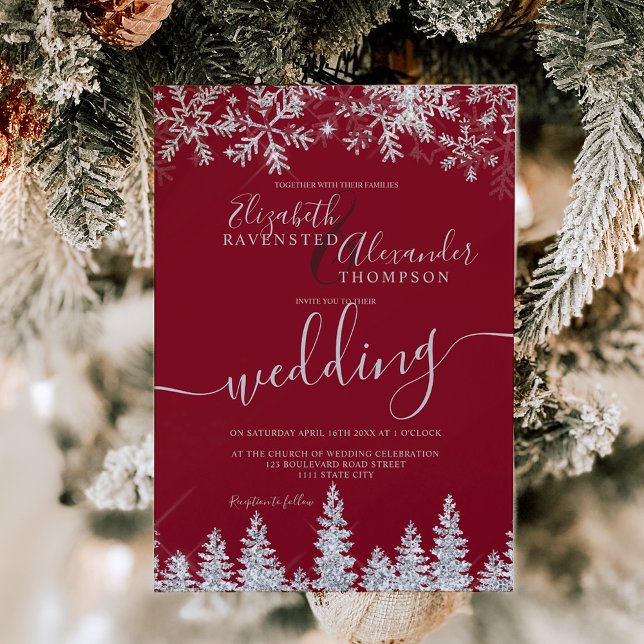 Silberschneekiefer Weihnachtsfest Rote Hochzeit Einladung (Silver snow pine Christmas winter red wedding Invitation)