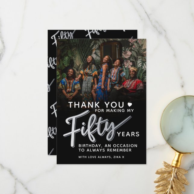 Silberschwarz, 50. Geburtstag, 50. Foto Dankeskarte (Vorderseite/Rückseite Beispiel)