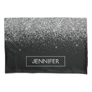 Silberschwarzer Glitzer Girl Monogram Name Kissenbezug