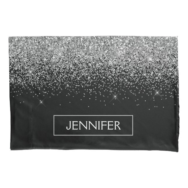 Silberschwarzer Glitzer Girl Monogram Name Kissenbezug (Vorderseite)