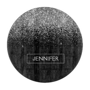 Silberschwarzer Glitzer Girl Monogram Name Schneidebrett