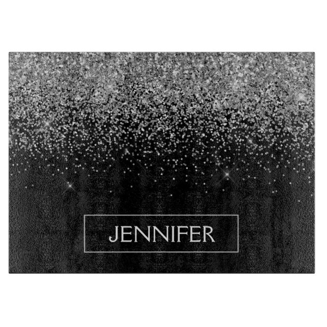 Silberschwarzer Glitzer Girl Monogram Name Schneidebrett (Vorderseite)