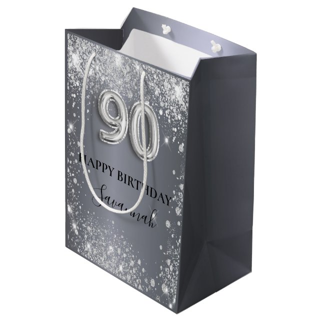 Silberstaub-Monogramm des 90. Glitzer Mittlere Geschenktüte (Rückseite Schrägansicht)