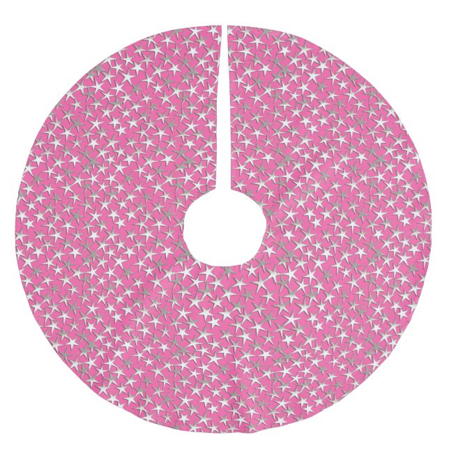 Silbersterne auf Fuchsienrosa Polyester Weihnachtsbaumdecke (Vorderseite)