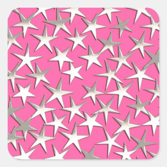 Silbersterne auf Fuchsienrosa Quadratischer Aufkleber (Vorderseite)