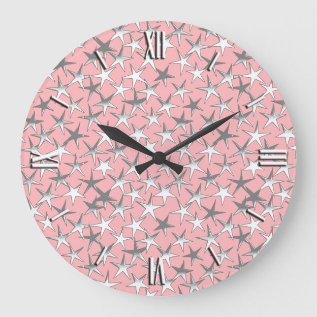 Silbersterne, auf Muschel rosa Große Wanduhr (Vorderseite)