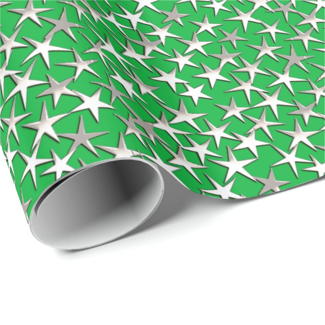Silbersterne auf Smaragdgrün Geschenkpapier (Rolleneckpunkt)