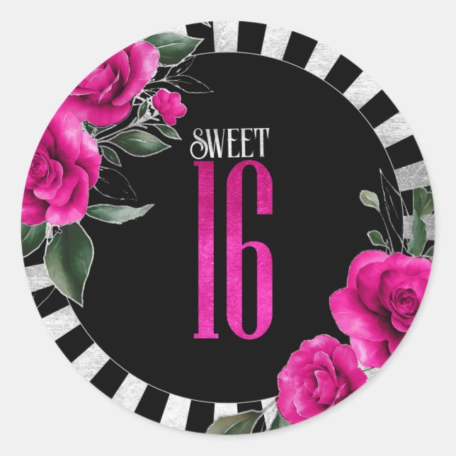 Silberstreifen Streifen Floral Hot Pink ID759 Runder Aufkleber (Vorderseite)