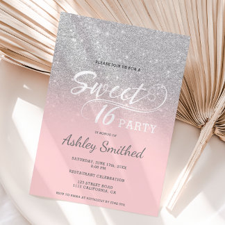 Silberter Glitzer ombre pink typografie Sweet 16 Einladung