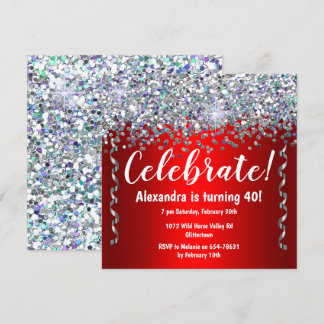 Silberter Glitzer und Metallic Red 40. Geburtstag Einladung
