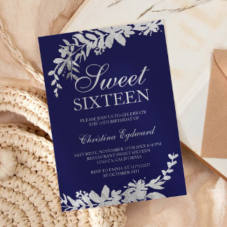 Silbertypografie Blumenmarschall Blau-Chic Sweet 1 Einladung