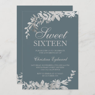 Silbertypografie floral dusty blue chic Sweet 16 Einladung
