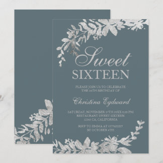 Silbertypografie floral dusty blue chic Sweet 16 Einladung