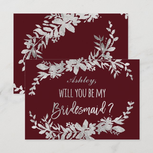 Silbertypografie Floral Marine meine Brautjungfrau Einladung (Vorne/Hinten)