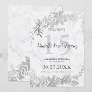 Silbertypografie Floral weißer Marmor quinceanera Einladung