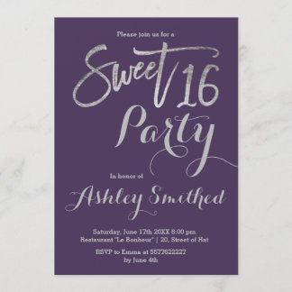 Silbertypografie lila Sweet 16 Einladung