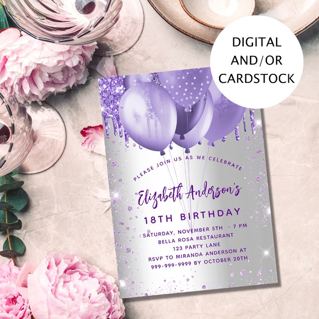 Silberviolett-Glitzer-Ballons zum Geburtstag Einladung (Von Creator hochgeladen)