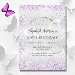 Silberviolett-Glitzern zum Geburtstag Einladungspostkarte<br><div class="desc">Eine moderne,  elegante und minimalistische Geburtstagseinladung. Imitat silber aussehender Hintergrund mit lila Imitaten Glitzer Glitzern und ein Schmetterling als Wasserzeichen. Personalisieren und fügen Sie Ihre Namen und Hochzeitsdetails. Schwarze Buchstaben.</div>