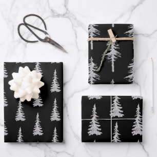 Silberwald-Waldspruce Bäume Wald Schwarz Geschenkpapier Set