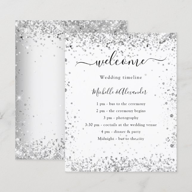 Silberweiß glitzernde elegante Hochzeitsprogramm (Vorne/Hinten)