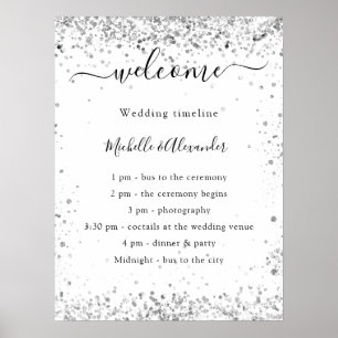 Silberweiß glitzernde elegante Hochzeitsprogramm Poster