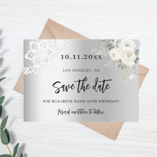 Silberweiße Blumen zum Geburtstag Save The Date