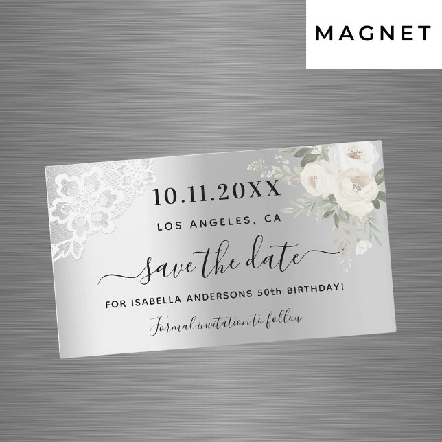 Silberweiße Spitzen Geburtstag Speichern Sie den D Magnetkarte (Von Creator hochgeladen)