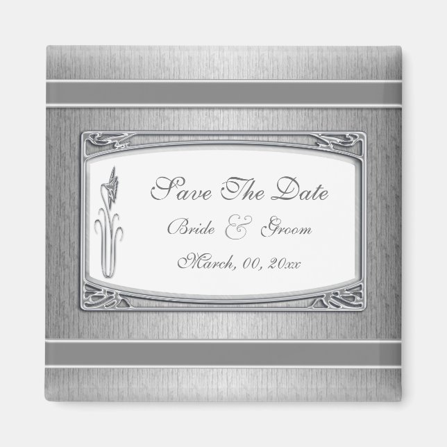 Silberweiße Vintage Blumenhochzeit Magnet (Vorne)