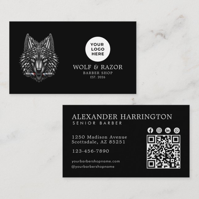 Silberwolf-Profi-Friseur-Shop-Logo-QR-Code Visitenkarte (Vorne/Hinten)