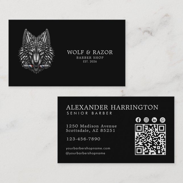 Silberwolf-Profi-Friseursalon-QR-Code Visitenkarte (Vorne/Hinten)