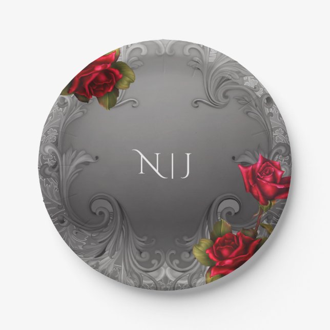 Silberzierige Vintage Extravagante Rote Rosen Hoch Pappteller (Vorderseite)