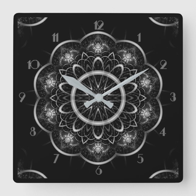 Silbrige mit Filigran geschmückte Mandala Quadratische Wanduhr (Vorderseite)
